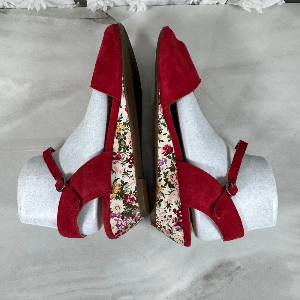 Hotter Hallie Sandals Red‎ Suede Upper Floral Low Wedge Ankle Strap Comfort 11
